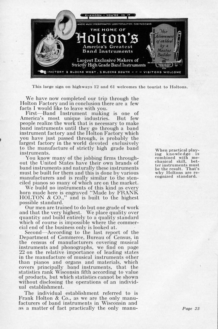 A page from a 1920 Frank Holton Co. booklet.